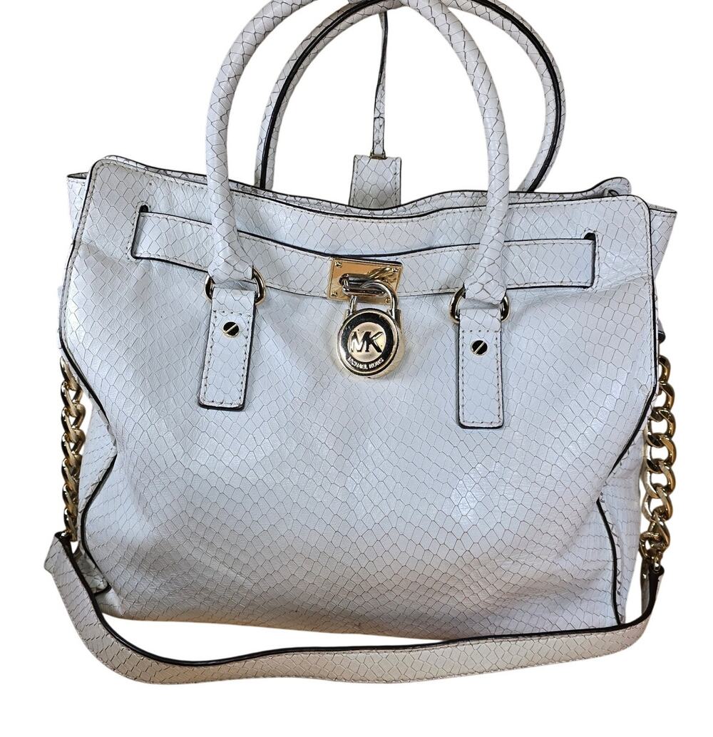 Rare White Michael Kors Snake Leather Python Hamilton Purse Satchel Msrp $398